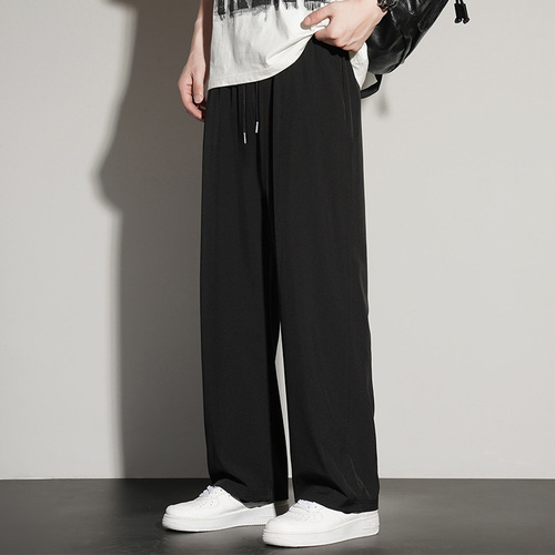 2025 Summer New Ice Silk Long Pants for Men, Straight-Leg, Hong Kong Style, Loose-Fit, Wide-Leg, Floor-Length Casual Sports Sweatpants