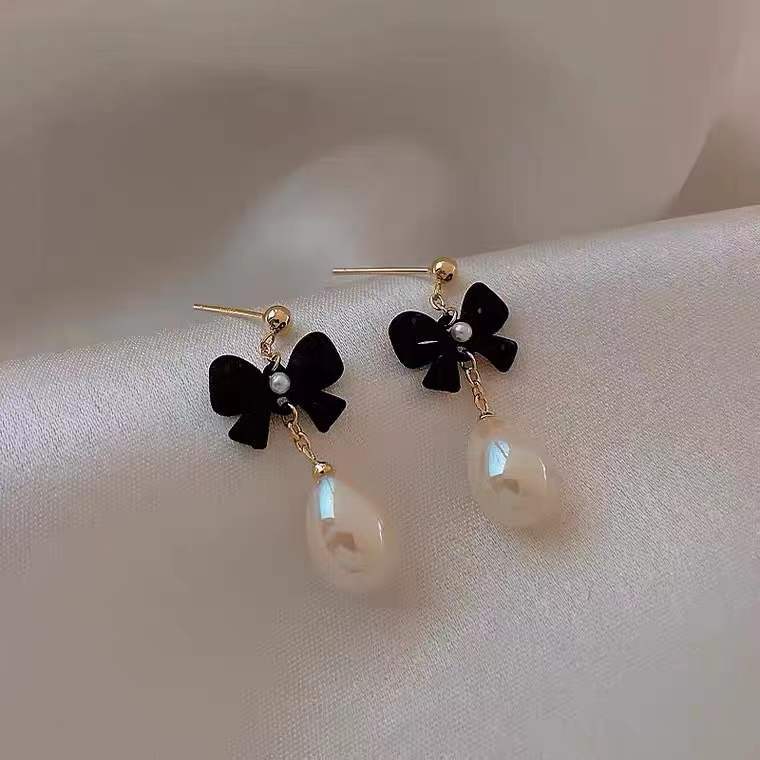 Retro brand small design earrings pearl with bow drop-shaped
