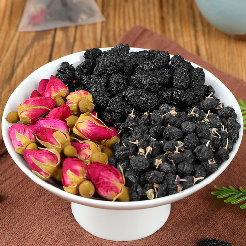 Nanjing Tongren Tang Black Goji Berry Mulberry Rose Tea 120g, Suitable for Men and Women, Workplace Wellness Flower Tea, Factory Wholesale and Distribution