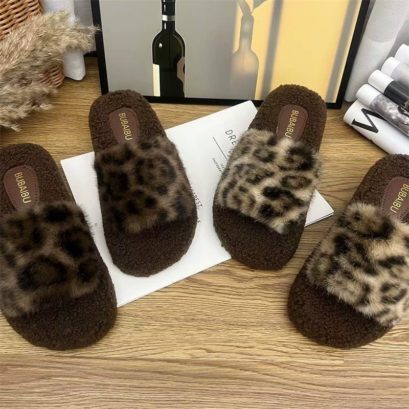 Нишевые ватные тапочки, плюш 2024, образ Leopard, ретро мода, ленивые, мягкая подошва, домашний комфорт