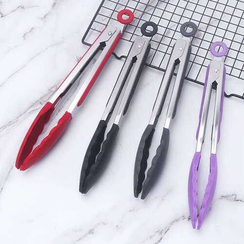 Color box Amazon silicone food 7-inch 9-inch 12-inch high temperature non-slip bread tongs baking BBQ barbecue tongs