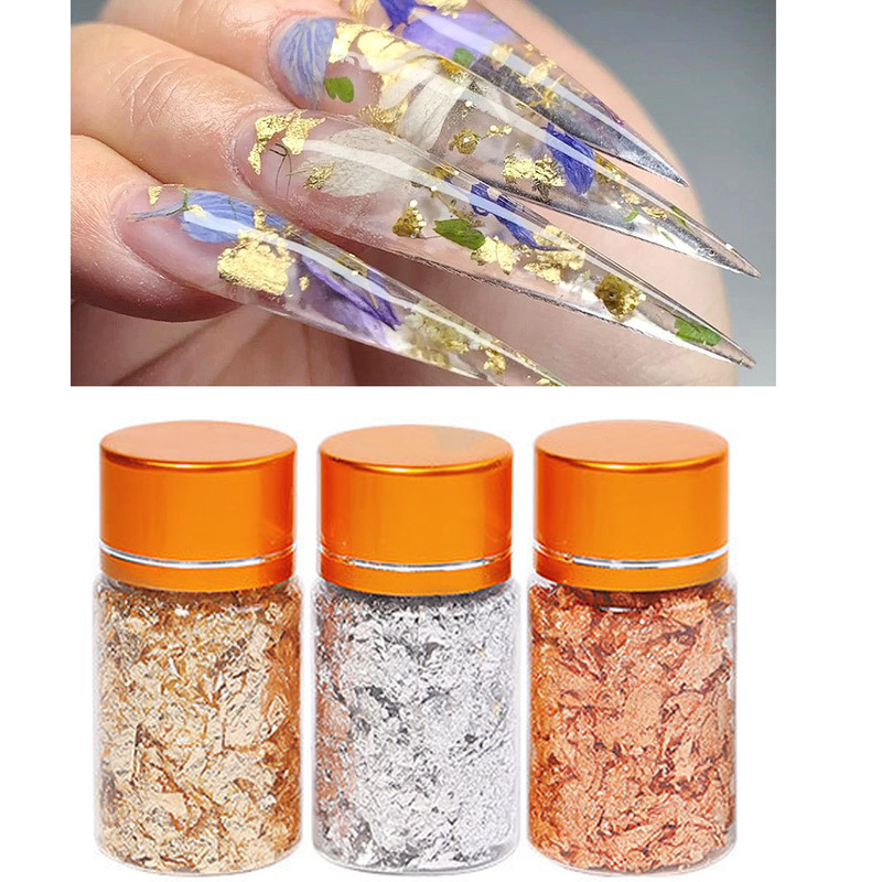 Cross-Border Wholesale Nail Art Sequins Gold and Silver Foil Decoration Canned Gold Foil Fragments Silver Foil Nail Art Decoration Gold and Silver Copper Foil Flakes