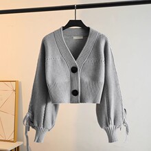 韩系气质百搭显瘦毛衣女外套春秋新款纯色坑条短款小个子针织开衫