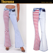 ladies jeans女跨境欧美拼色条纹女装牛仔裤拖地长裤喇叭裤女秋