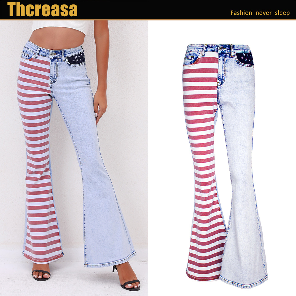 ladies jeans女跨境欧美拼色条纹女装牛仔裤拖地长裤喇叭裤女秋