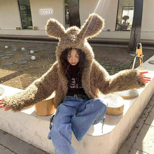 秋冬季短款可爱兔耳朵仿皮草毛绒连帽外套女慵懒风加厚上衣潮