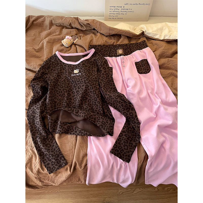 Retro Hot Girl Leopard Print Hello Kitty Print Pajamas Women's Spring and Autumn New Long Sleeve Trousers Homewear Set