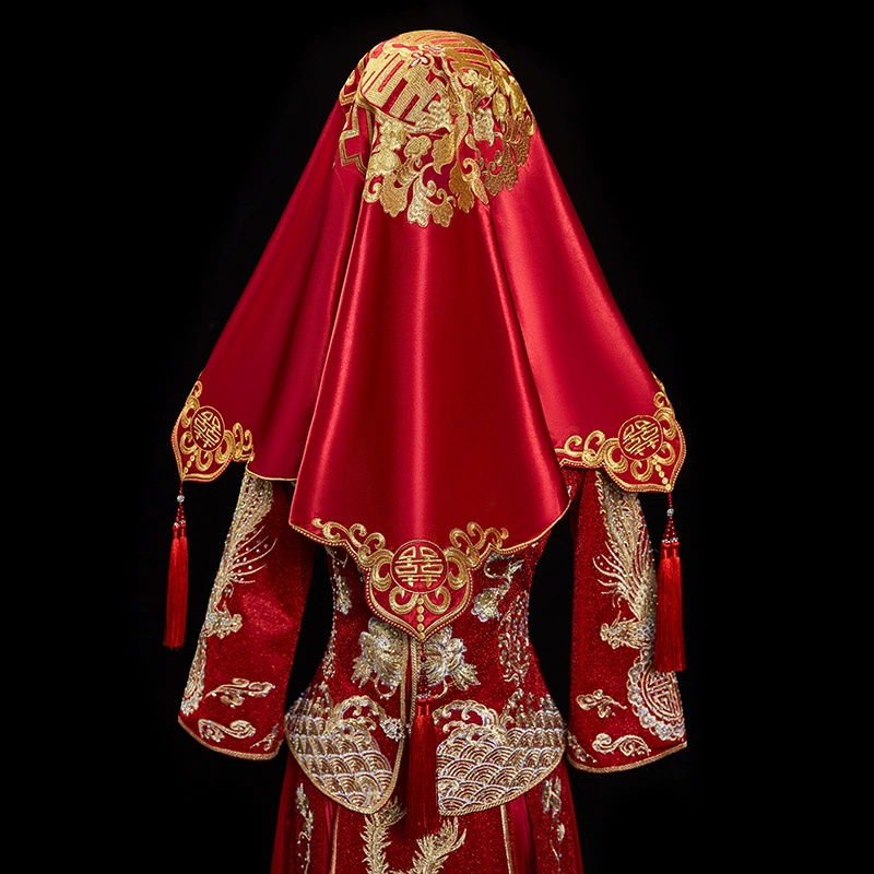 Red Hijab Bridal Wedding Veil Retro Red Embroidered Satin Tassel Embroidery HiPa Bridal Red Hijab Feng Lun