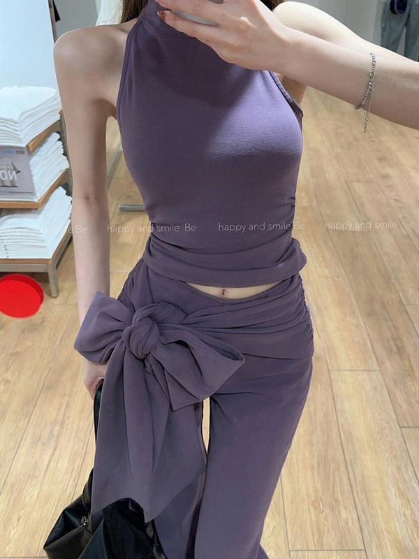 辣妹高领挖肩短款挂脖背心女夏季紫色套装绑带微喇叭休闲裤两件套|undefined
