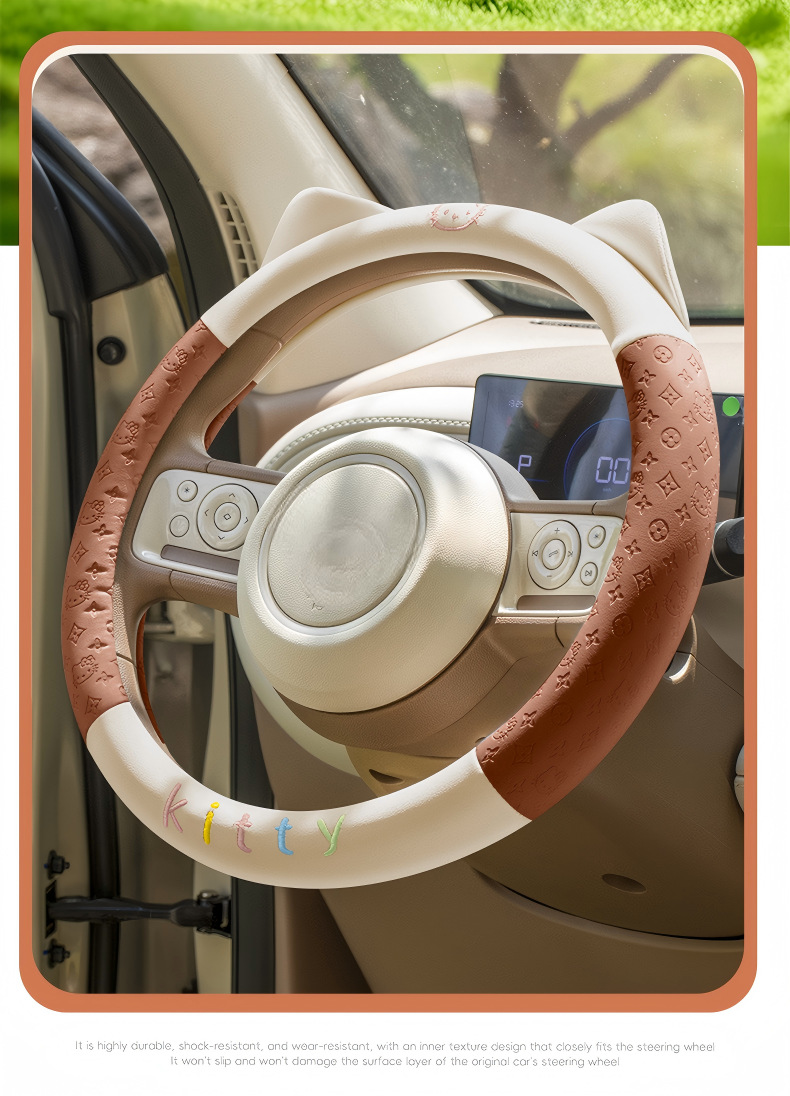 2026 New Model Leather Embossed Cat Ear Design Dirt-Resistant Breathable Non-Slip Cross-Border Four-Season Universal Car Steering Wheel Cover