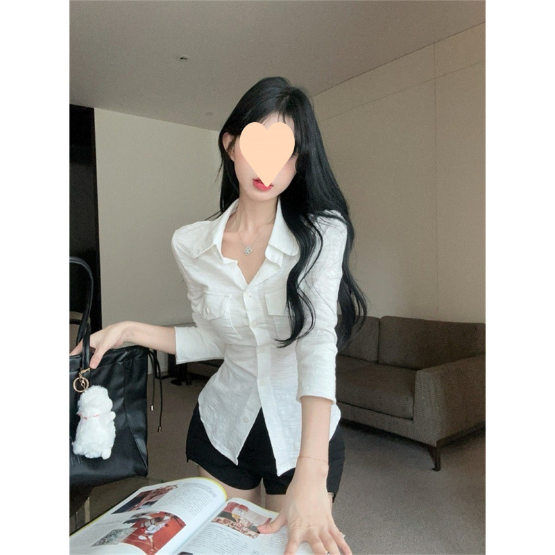 微胖妹妹领长袖衬衫女夏季纯欲甜辣妹显瘦上衣独特别致衬衣女|undefined