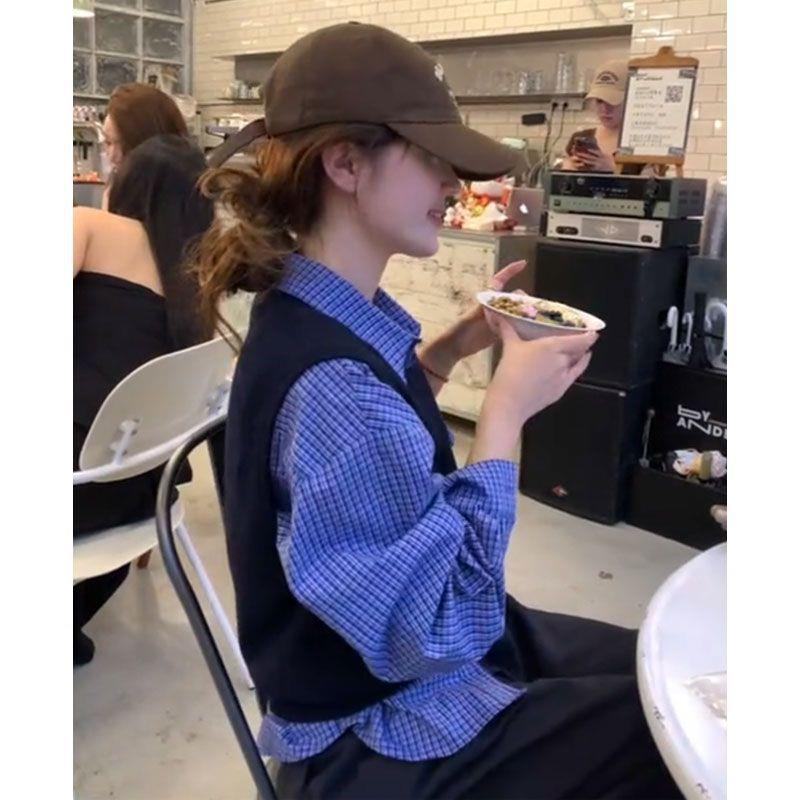 早秋新款韩版复古小众气质穿搭蓝色格子衬衫+针织马甲时尚两件套|undefined