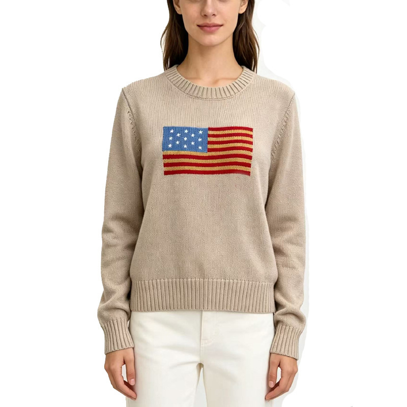 American Flag Embroidered Five-Pointed Star Sweater for Women, Autumn and Winter Loose Korean Style Plus Size Knit Top Wholesale American Flag Embroidered Five-Pointed Star Sweater for Women, Autumn and Winter Loose Korean Style Plus Size Knit Top Wholesale