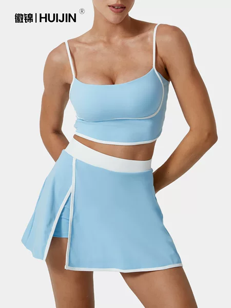Cross-Border European and American Sports Suits, Women's Tennis Skirts, Sports Contrasting Color Bras, Beautiful Back Underwear, Short Skirts, Yoga Clothes Two-Piece Set