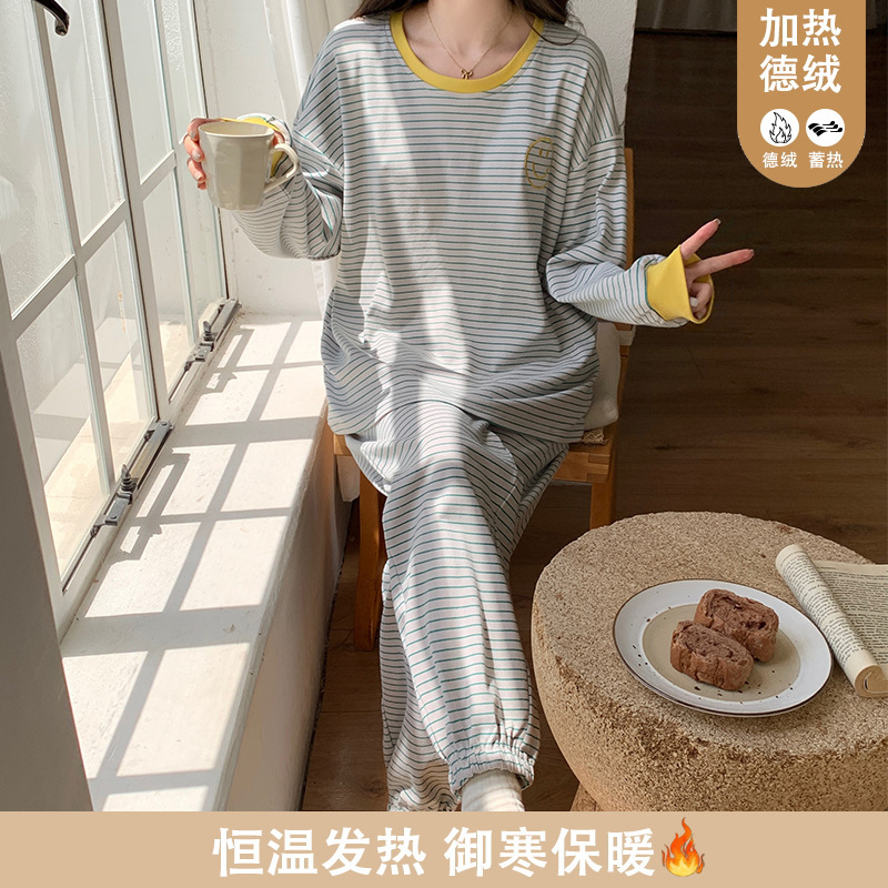 Pajamas Women's Autumn and Winter Long-sleeved Pants Korean-style Simple Casual Sports Striped Velvet Home Clothes Warm suit for Women