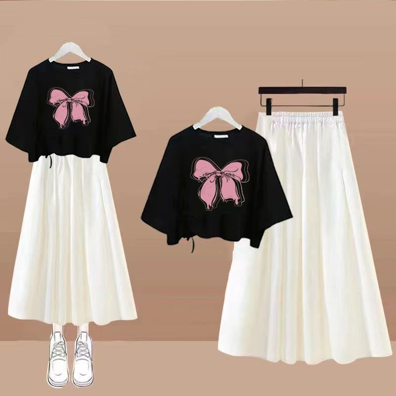 シングル/セット 女の子 2023 夏服 韓国風 カジュアル Tシャツ+スカート 中学生・小学生向け 2点セット|undefined