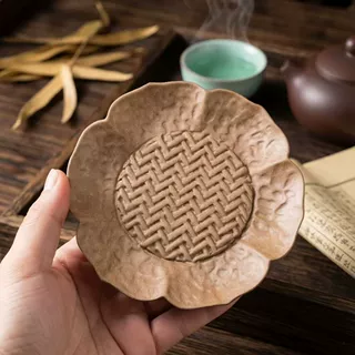 宜兴原矿段泥壶承 莲花瓣造型竹编纹理茶盘杯垫茶宠底座 茶具配件