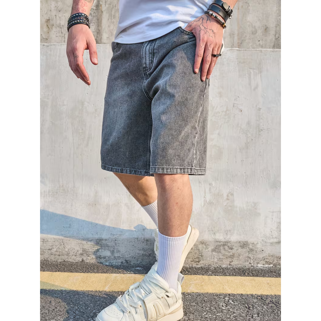 Stonewashed denim shorts voor heren, 12,7 cm binnenbeenlengte, relaxte pasvorm, middelhoge taille, rechte pijpen, casual shorts voor mannen_voghion.com