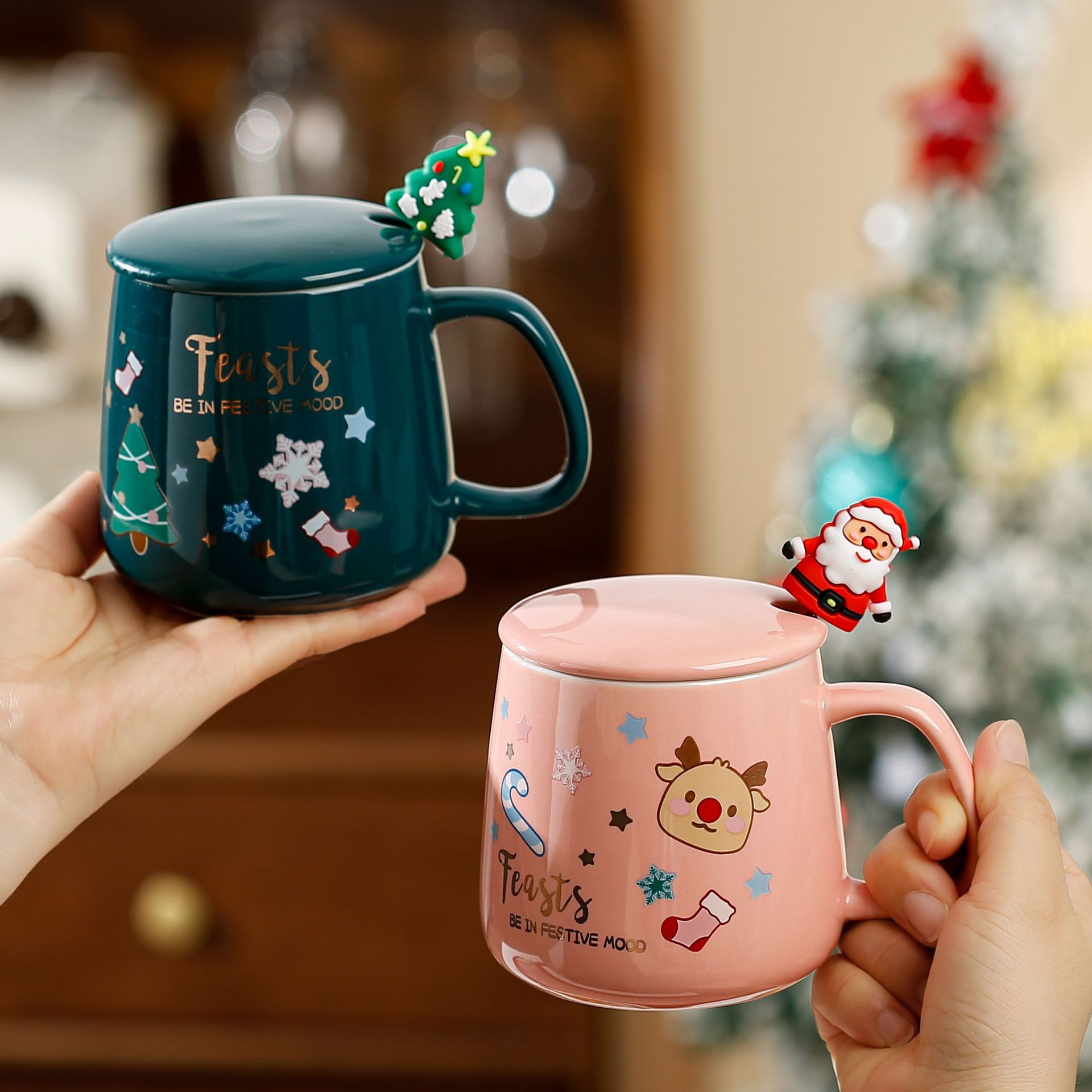 Juego de Tazas de Cerámica con Tapa y Cuchara, Taza para Agua, Regalo de Navidad, Recuerdo, Edición Limitada de Navidad