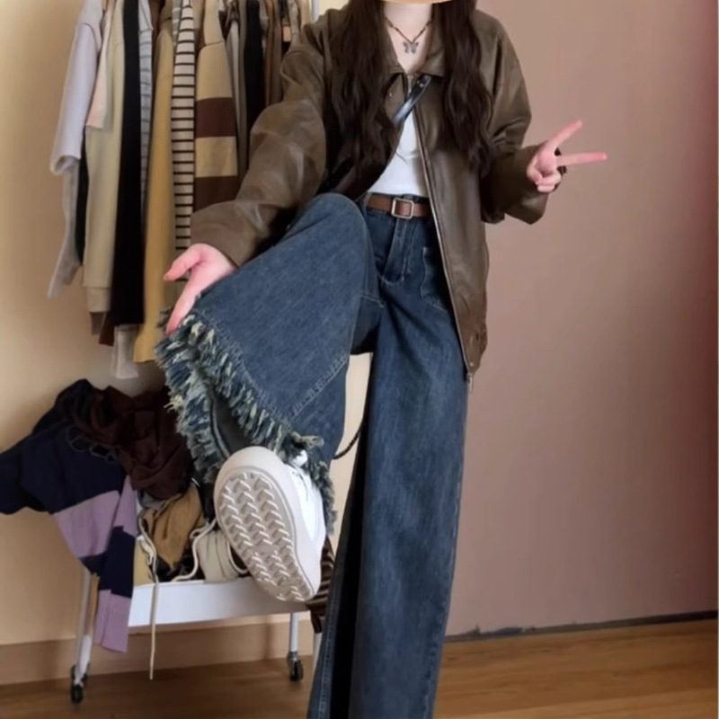A version of rough edge wide leg jeans women's pear-shaped slim pants plus size chubby girl tassel big leg straight pants A version of rough edge wide leg jeans women's pear-shaped slim pants plus size chubby girl tassel big leg straight pants