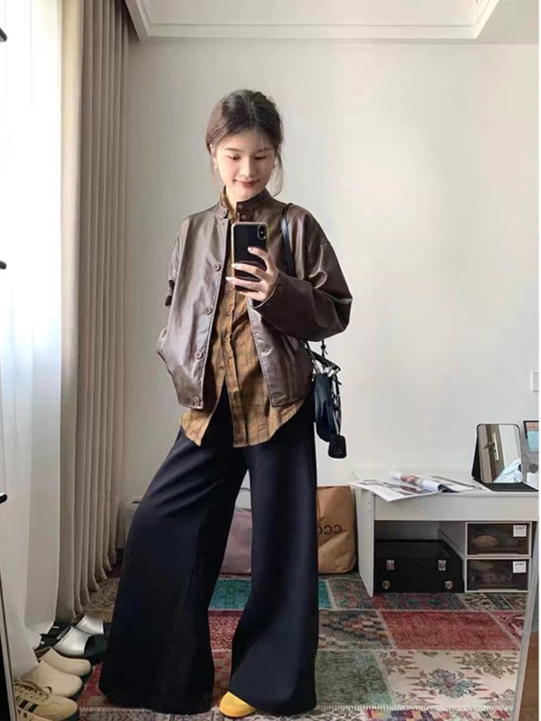 美式复古美拉德咖色皮衣外套女早秋新款高级感休闲开衫夹克上衣潮|undefined