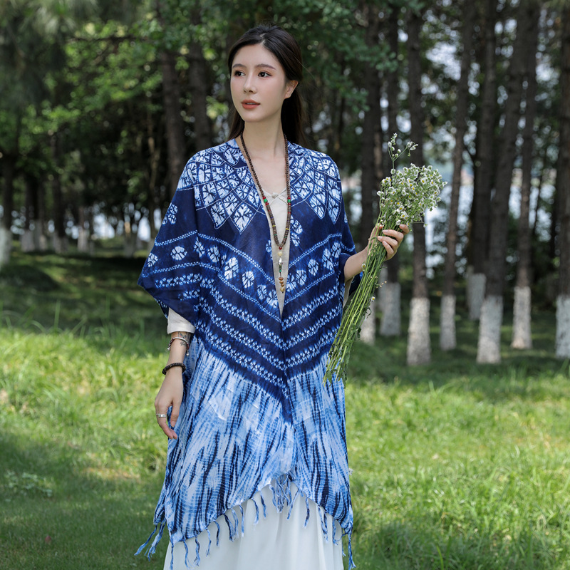 2023 nuevo estilo étnico en forma de diamante bufanda de algodón y lino bufanda de viaje Yunnan cálido protector solar