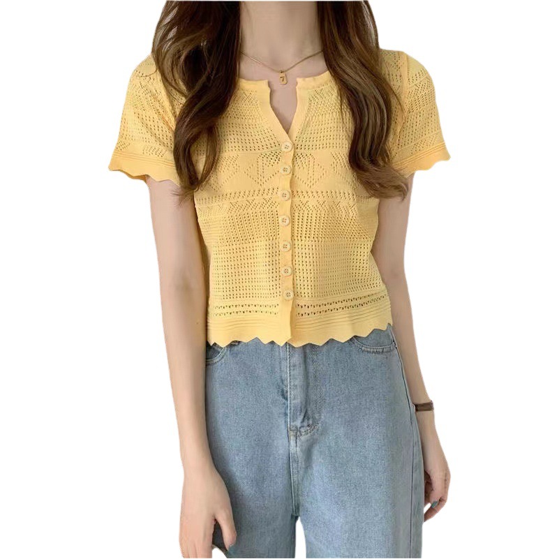 Summer New Arrival Hollow-Out Knitwear Short Short-Sleeved Sweet Cute V-Neck Small Cardigan Slim-Fit Slimming Top Women's Trendy