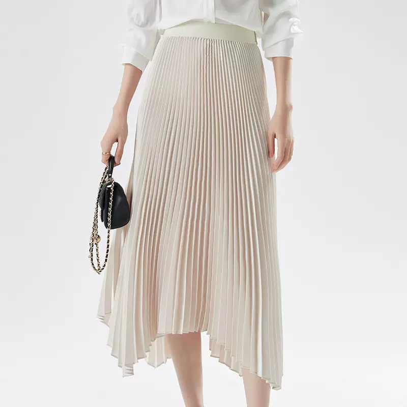 2026年春季新款女式简约时尚通勤半身裙不规则女款百褶压褶中长款
