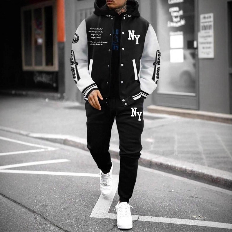 Men's Letter-Print Baseball Collar Bomber Jacket, Loose Casual Sports Long-Sleeve Varsity Jacket Suitable for Autumn and Winter