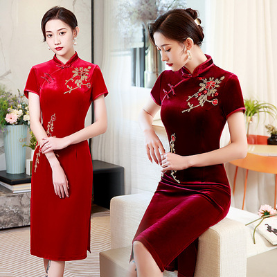 handmade Velvet flowers chinese dresses retro Qipao for women  beaded long improved cheongsam mother decorate party dresses 