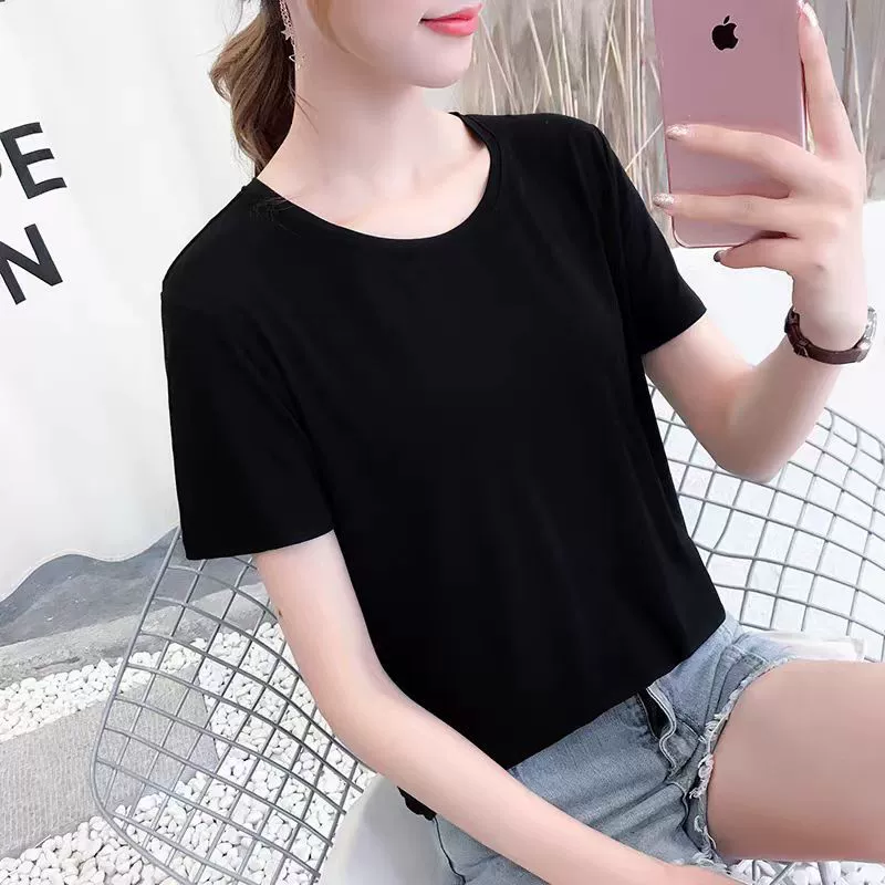 Сплошная футболка с короткими рукавами, свободная соматка, черная сплошная топы с полукрупом, новый летний короткий рукав, женский T