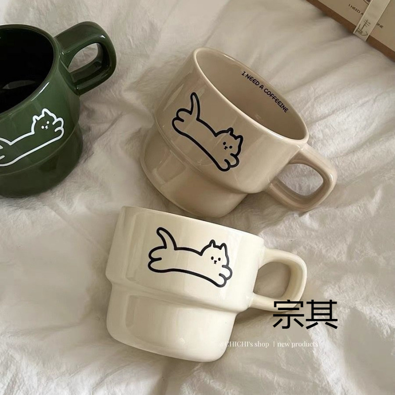 新款可爱猫咪杯子小狗情侣叠叠马克杯耐高温陶瓷咖啡水杯