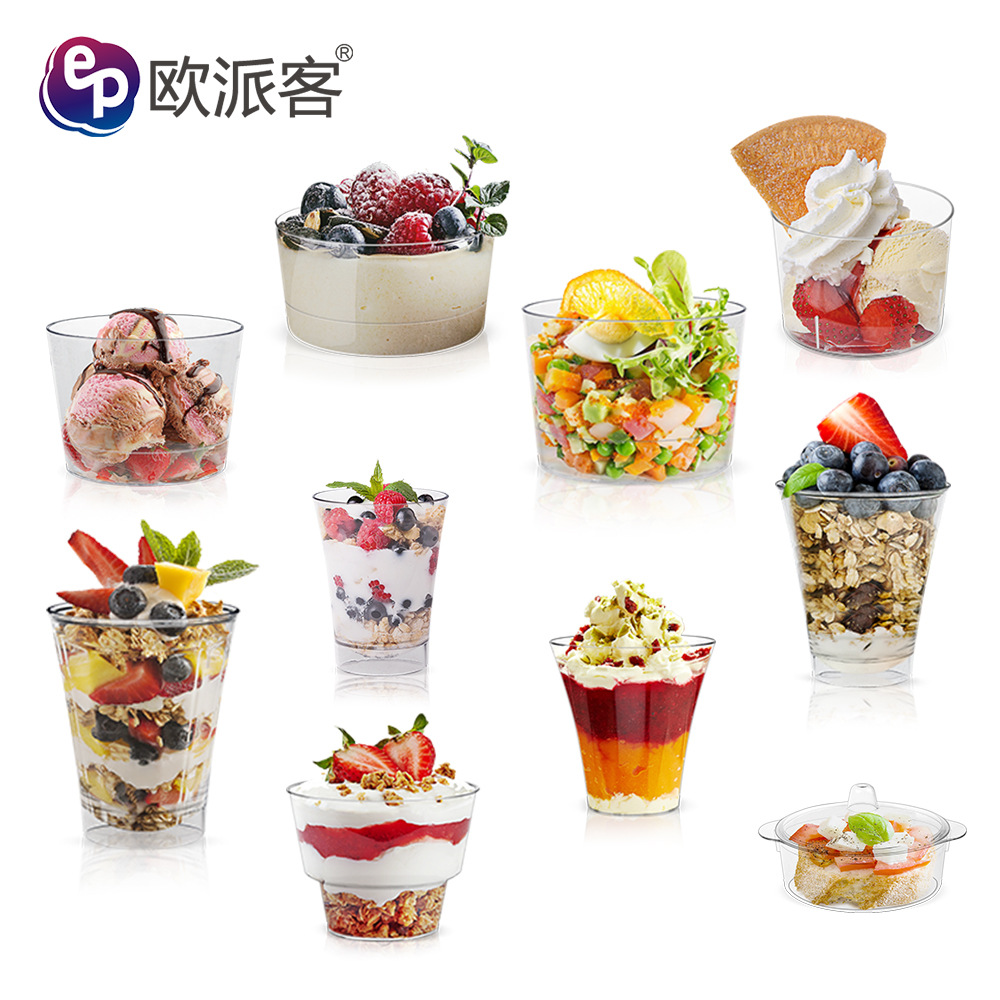 Copa de mousse desechable Taza de postre PS Taza de plástico Taza de pudín Taza redonda de punto de fábrica Taza cuadrada