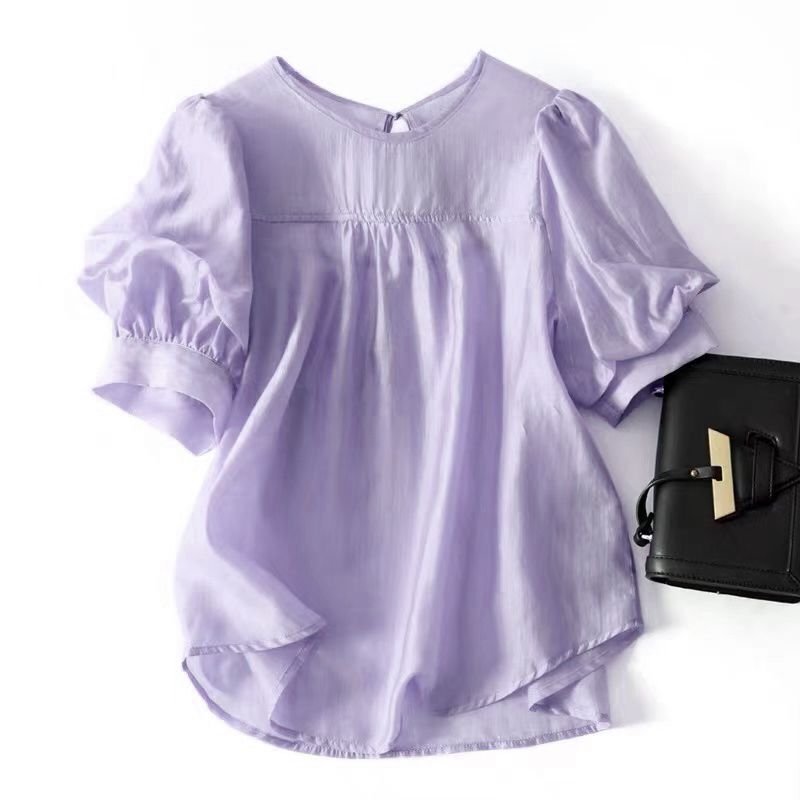 Plus Size Tencel Shirt Women's Slimming Look Age-reducing Pleated Short-sleeved Top Retro Loose Breathable Pure Color Thin Shirt Trendy
