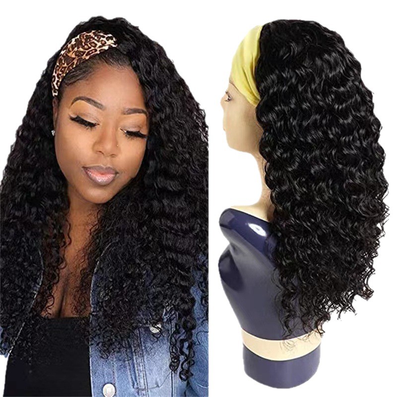 Peluca de diadema rizada para mujer, cabello negro rizado con raya al medio, cabello sintético, clip sintético_voghion.com