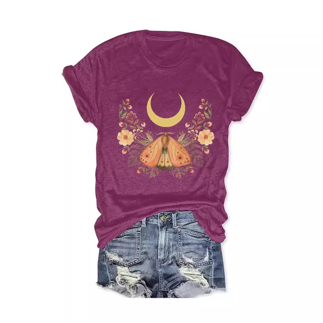 Amazon European and American Summer Women's Butterfly Moon Pattern Printing Round Neck Short Sleeve Casual Fashion Foreign Trade Explosions T-shirt