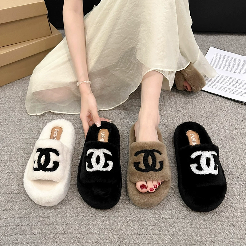 Little Xiangfeng шерстяные тапочки женские снаружи носят 2024 осень и зима новый толстый фон корейские модные буквы прилив хлопчатобумажные тапочки