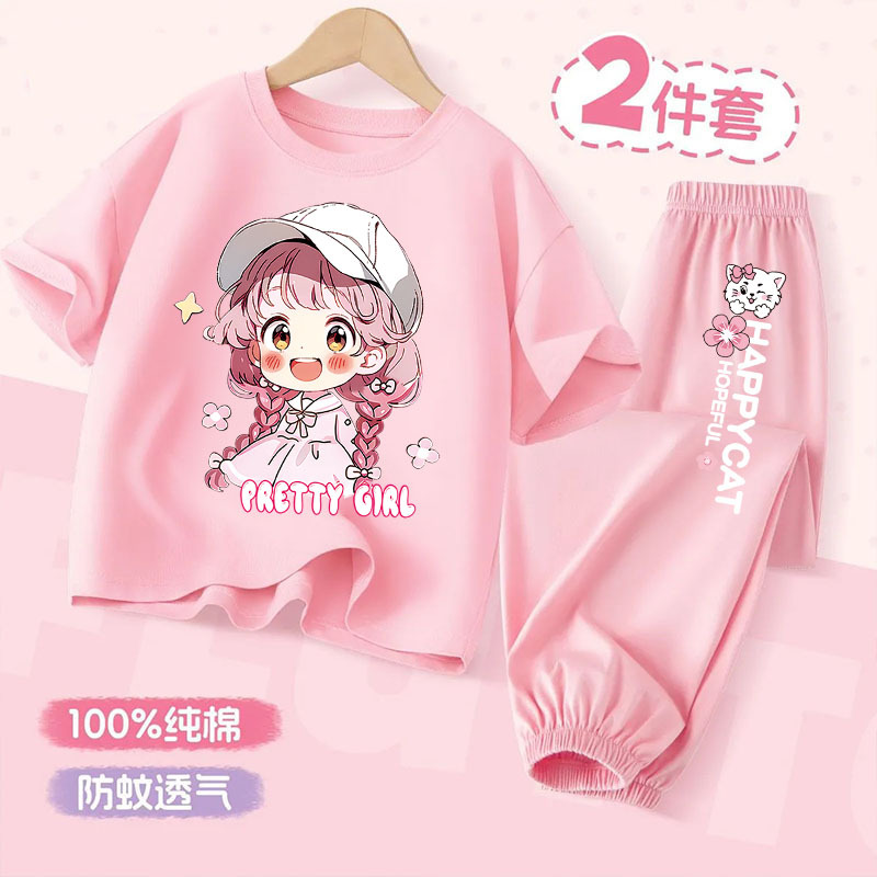 女童夏季休闲薄款洋气纯棉百搭两件套中大童新款卡通韩版外穿套装