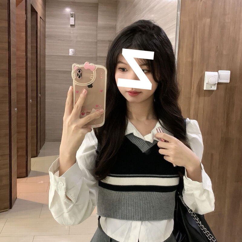 Vest Paired with Shirt, Autumn and Winter Two-Piece Set for Women, Niche College Style Knitted Sweater, Short Vest, Long-Sleeved Shirt