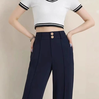 藏蓝色窄版阔腿裤女春夏高腰显瘦拖地中线直筒西装裤垂坠感长裤子