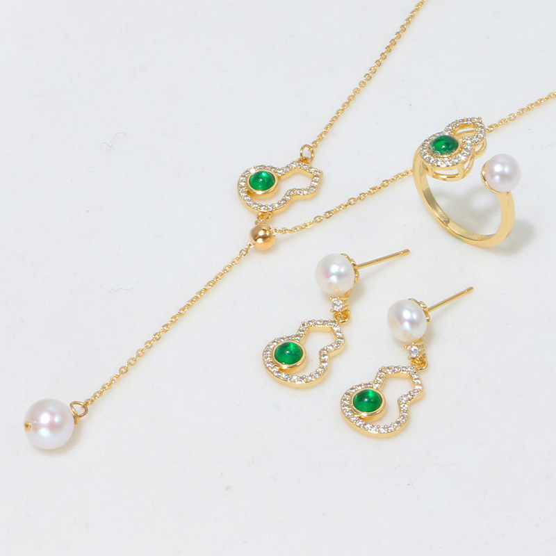 Titanium steel does not fade gold talented blessed gourd necklace pendant ring suit women's green crystal light luxury clavicle chain