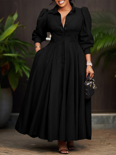 D570 Cross-border Women's Elegant Long-sleeved Large Swing Button-down Dress Top Fashion Solid Color Medium-length African Dress