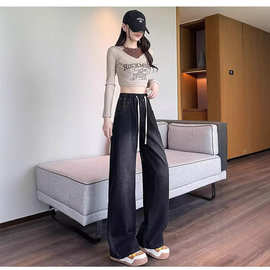 中学生大童一体绒直筒牛仔裤女秋冬大码加长高个子羊羔绒裤子特厚