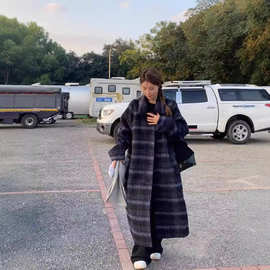 赫本风格纹长袖毛呢外套女秋冬季新款时尚高级感宽松气质韩系大衣