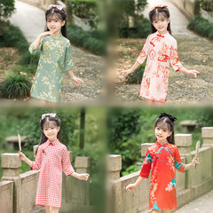 Girls' cheongsam autumn children's Chinese style Hanfu dress girls' ethnic style guzheng performance one-year-old dress