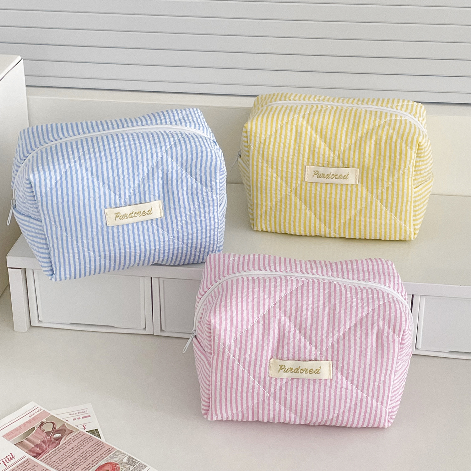 Cross-border striped tofu bag, macaron style, Instagram-worthy storage bag, large capacity, cute plaid makeup bag