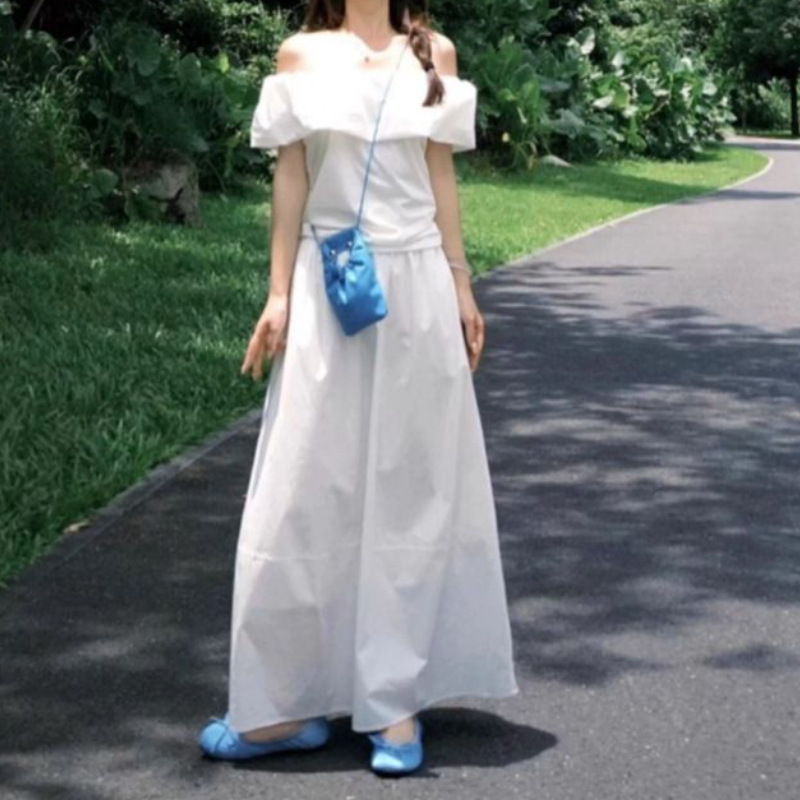 New summer unique and beautiful long dress, early summer outfit, off-shoulder white dress for women