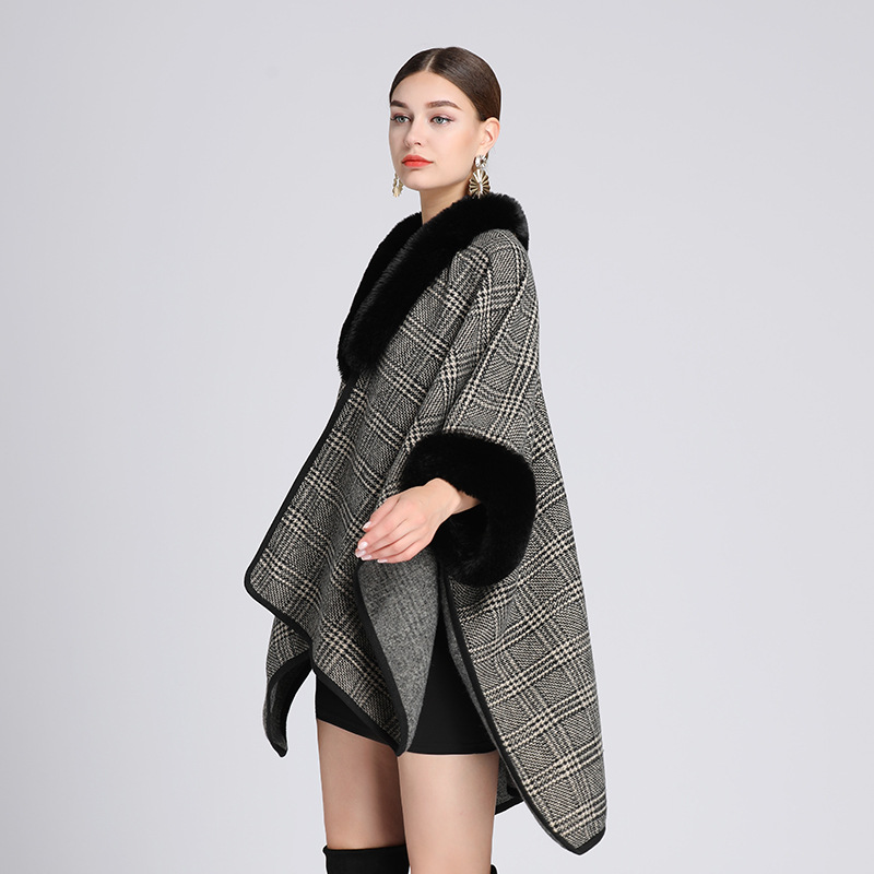 Pelerină cu guler de blană, pelerină, cardigan de mărime mare pentru femei_voghion.com