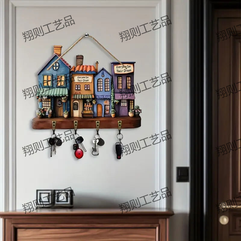 クロスボーダー热い贩売スポットカラフルな木制小屋キーハンガーフラットグラフィックリビングルーム装饰ストラップ木制卸売|undefined