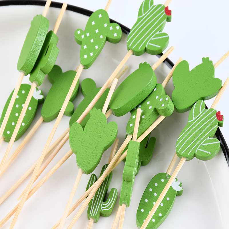 Fabricante al por mayor horquilla de fruta desechable cactus horquilla de bambú horquilla fija de hamburguesas horquilla sándwich horquilla creativa horquilla